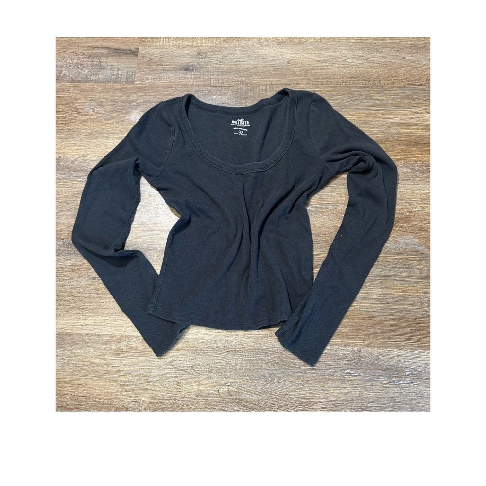 Hollister Womens Black Ribbed Long Sleeve Scoop Neck Top Large Must-Have Coll